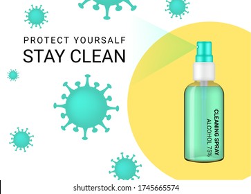 Glossy Spray Transparent Bottle with hygienic sanitizer Alcohol and Corona Virus Protection Advertising. New Normal Background Illustration. Health Care and Medical concept design.