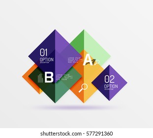 Quadrados brilhantes com texto, conceito de design geométrico abstrato. Plano de fundo de modelo de vetor para layout de fluxo de trabalho, diagrama, opções de número ou design da Web