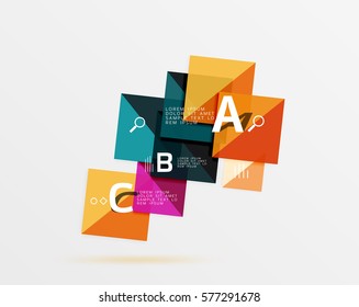 Cuadros brillantes con texto, concepto de diseño geométrico abstracto. Fondo de plantilla de vector para diseño de flujo de trabajo, diagrama, opciones de número o diseño web