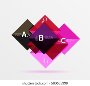 Cuadros brillantes con texto, concepto de diseño geométrico abstracto. Fondo de plantilla de vector para diseño de flujo de trabajo, diagrama, opciones de número o diseño web