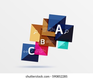 Cuadros brillantes con texto, concepto de diseño geométrico abstracto. Fondo de plantilla de vector para diseño de flujo de trabajo, diagrama, opciones de número o diseño web