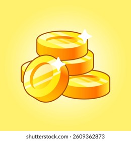 Glossy stack of golden coins with a bright sparkling effect on a yellow background. Perfect for game assets, reward systems, financial graphics, mobile apps, casino themes, and digital currencies.