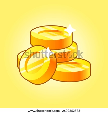 Glossy stack of golden coins with a bright sparkling effect on a yellow background. Perfect for game assets, reward systems, financial graphics, mobile apps, casino themes, and digital currencies.