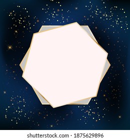 Glossy Star Background with Golden frame. Can be used for Wedding Invitation, Valentines Day Card. Vector Illustration