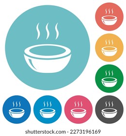 Glossy steaming bowl flat white icons on round color backgrounds
