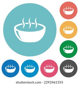 Glossy steaming bowl flat white icons on round color backgrounds