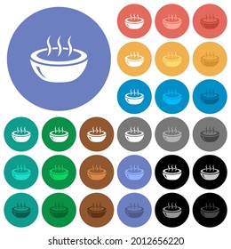 Iconos planos multicolores de un tazón de vapor brillante sobre fondo redondo. Se incluyeron variaciones de iconos blancos, claros y oscuros para efectos de movimiento y estado activo, y tonos extra.