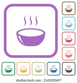 Glossy steaming bowl simple icons in color rounded square frames on white background