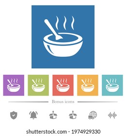 Glossy steaming bowl of soup with spoon flat white icons in square backgrounds. 6 bonus icons included.