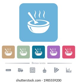 Glossy steaming bowl of soup with spoon white flat icons on color rounded square backgrounds. 6 bonus icons included