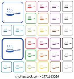 Glossy steaming frying pan color flat icons in rounded square frames. Thin and thick versions included.