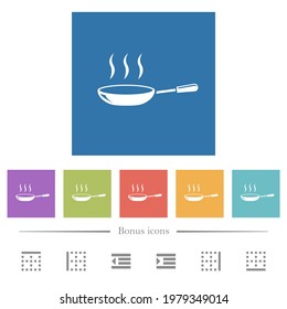 Glossy steaming frying pan flat white icons in square backgrounds. 6 bonus icons included.