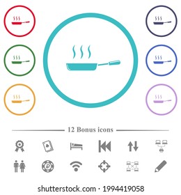 Glossy steaming frying pan side view flat color icons in circle shape outlines. 12 bonus icons included.