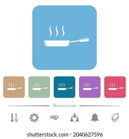 Glossy steaming frying pan side view white flat icons on color rounded square backgrounds. 6 bonus icons included