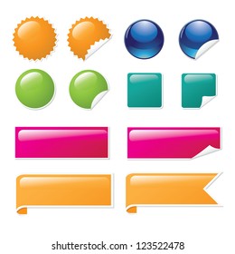 Glossy sticker and banner set isolated on white EPS 8 vector, no open shapes or paths, grouped for easy editing.