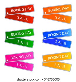 Glossy Sticker in Blue, Red, Green and Orange Colors with Boxing Day Sale Wording, Sign for Start Christmas Shopping Season.