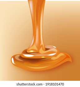 The glossy stream of caramel flows. Realistic illustration.