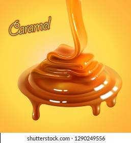 The glossy stream of caramel flows to the surface and freezes in beautiful waves.High detailed realistic illustration