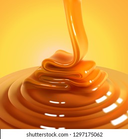 The glossy stream of caramel flows to the surface and freezes in beautiful waves.High detailed realistic illustration