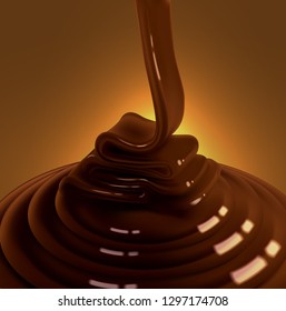 The glossy stream of chocolate flows to the surface and freezes in beautiful waves.High detailed realistic illustration