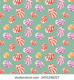 Glossy striped candies on a mint background. Confectionery pattern. Sweets in the form of caramel candies. Vector background for decoration, banners, birthday, cards.