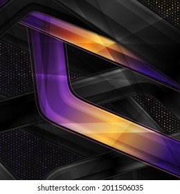 Rayas brillantes y puntos brillantes fondo de tecnología geométrica abstracta. Diseño de arte violeta y naranja