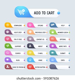 Glossy Style Multicolored Website Buttons Set, Vector Colorful Web Layout Elements Collection