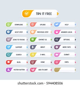 Glossy Style Multicolored Website Buttons Set, Vector Colorful Web Layout Elements Collection