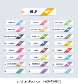 Glossy Style Multicolored Website Buttons Set, Vector Colorful Web Layout Elements Collection