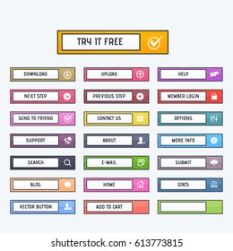 Glossy Style Multicolored Website Buttons Set, Vector Colorful Web Layout Elements Collection