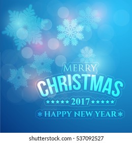 Glossy Style Postcard with Happy New Year and Merry Christmas Celebration. Greeting Card Design, Vector Winter Snowflakes Elements in Blue Colors Background. Flyer, Poster, Web Banner Template