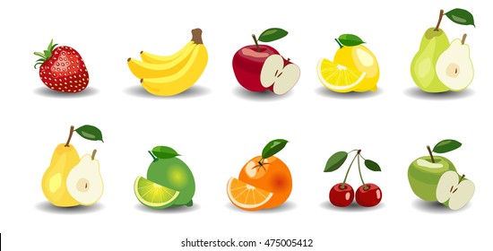 Glossy style set of apples, bananas, pears, oranges, lemon, lime, strawberry and cherry