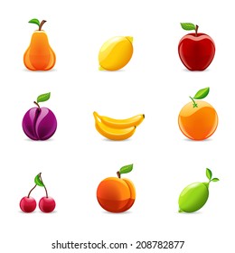 Glossy style set of pear lemon banana cherry fruit icons vector illustration