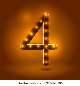 Glossy stylish sans serif lighted numeral 4 letter over warm caramel candy background. Autumn decorative concept