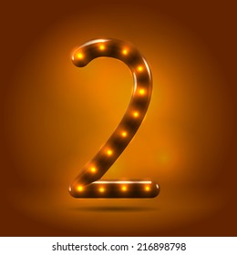 Glossy stylish sans serif lighted numeral 2 letter over warm caramel candy background. Autumn decorative concept