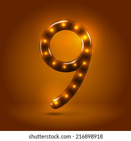 Glossy stylish sans serif lighted numeral 9 letter over warm caramel candy background. Autumn decorative concept