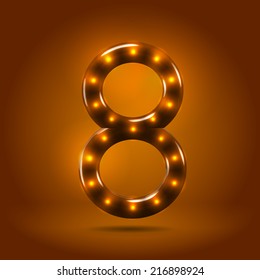 Glossy stylish sans serif lighted numeral 8 letter over warm caramel candy background. Autumn decorative concept