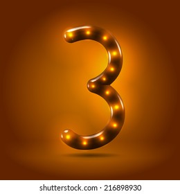 Glossy stylish sans serif lighted numeral 3 letter over warm caramel candy background. Autumn decorative concept