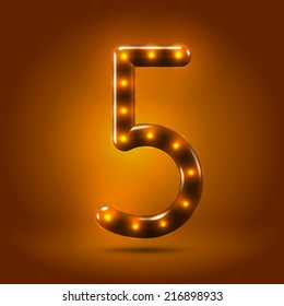 Glossy stylish sans serif lighted numeral 5 letter over warm caramel candy background. Autumn decorative concept