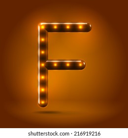 Glossy stylish sans serif lighted capital letter F letter over warm caramel candy background. Autumn decorative concept