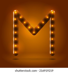 Glossy stylish sans serif lighted capital letter M letter over warm caramel candy background. Autumn decorative concept