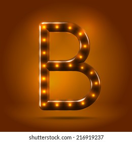 Glossy stylish sans serif lighted capital letter B letter over warm caramel candy background. Autumn decorative concept