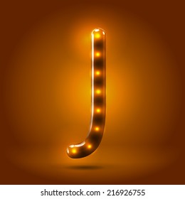 Glossy stylish sans serif lighted capital letter J letter over warm caramel candy background. Autumn decorative concept
