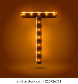 Glossy stylish sans serif lighted capital letter T letter over warm caramel candy background. Autumn decorative concept