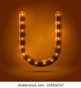 Glossy stylish sans serif lighted capital letter U letter over warm caramel candy background. Autumn decorative concept
