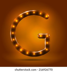 Glossy stylish sans serif lighted capital letter G letter over warm caramel candy background. Autumn decorative concept
