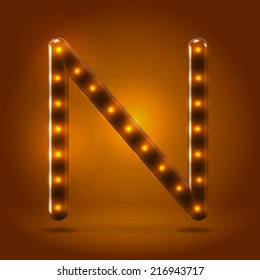 Glossy stylish sans serif lighted capital letter N letter over warm caramel candy background. Autumn decorative concept