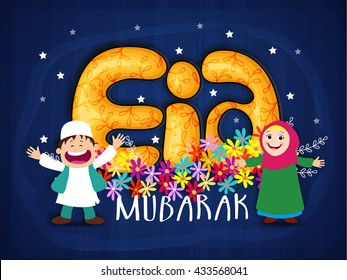 Glossy stylish text Eid Mubarak with colourful flowers and cute Islamic Kids, Celebrating and enjoying on blue stars decorated background for Muslim Community Festival Celebration.
