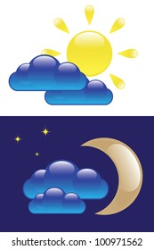 Glossy sun cloud moon isolated on white and dark backgrounds. Day and Night symbols. Vector image.