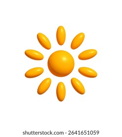 Glossy sun icon with oval rays in vibrant 3D style. Radiant summer symbol for weather interface, kid apps, energy branding. Vector illustration